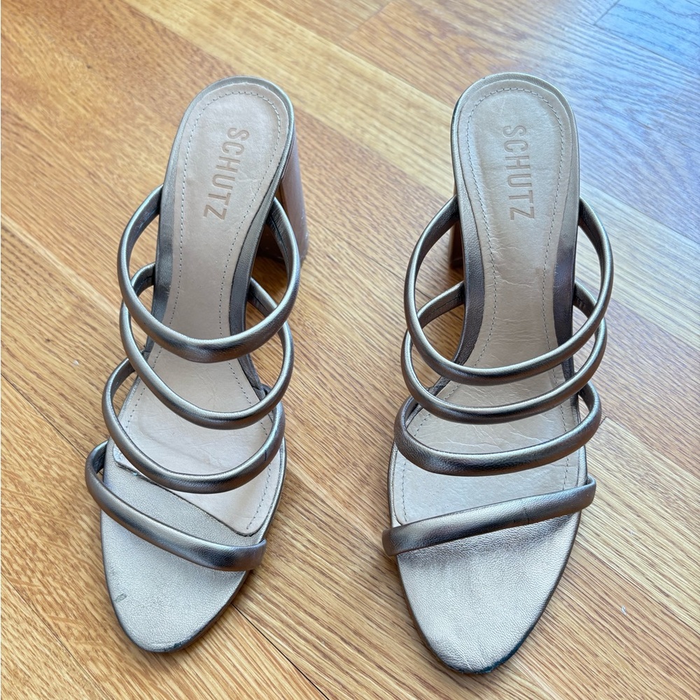 SCHUTZ Metallic Taupe Multi-Strap Slide Heels